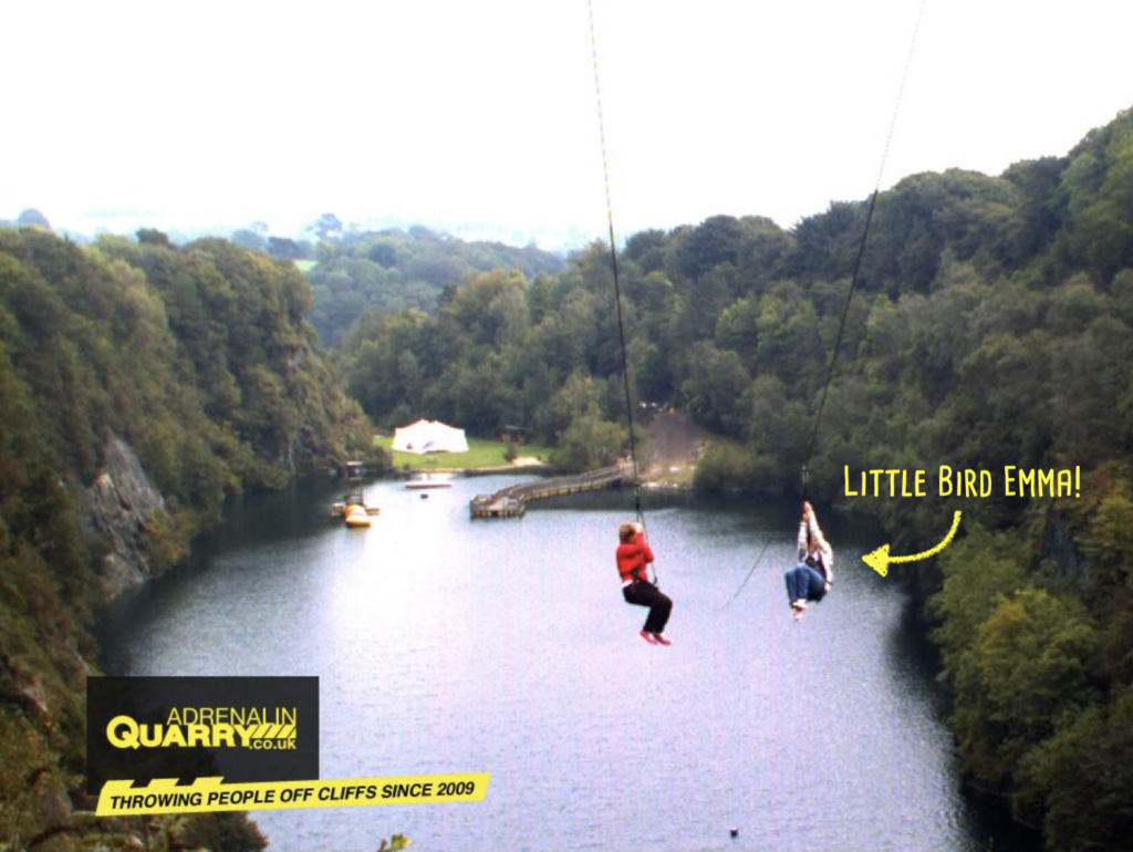 Emma on a zip line at Adrenalin Quarry