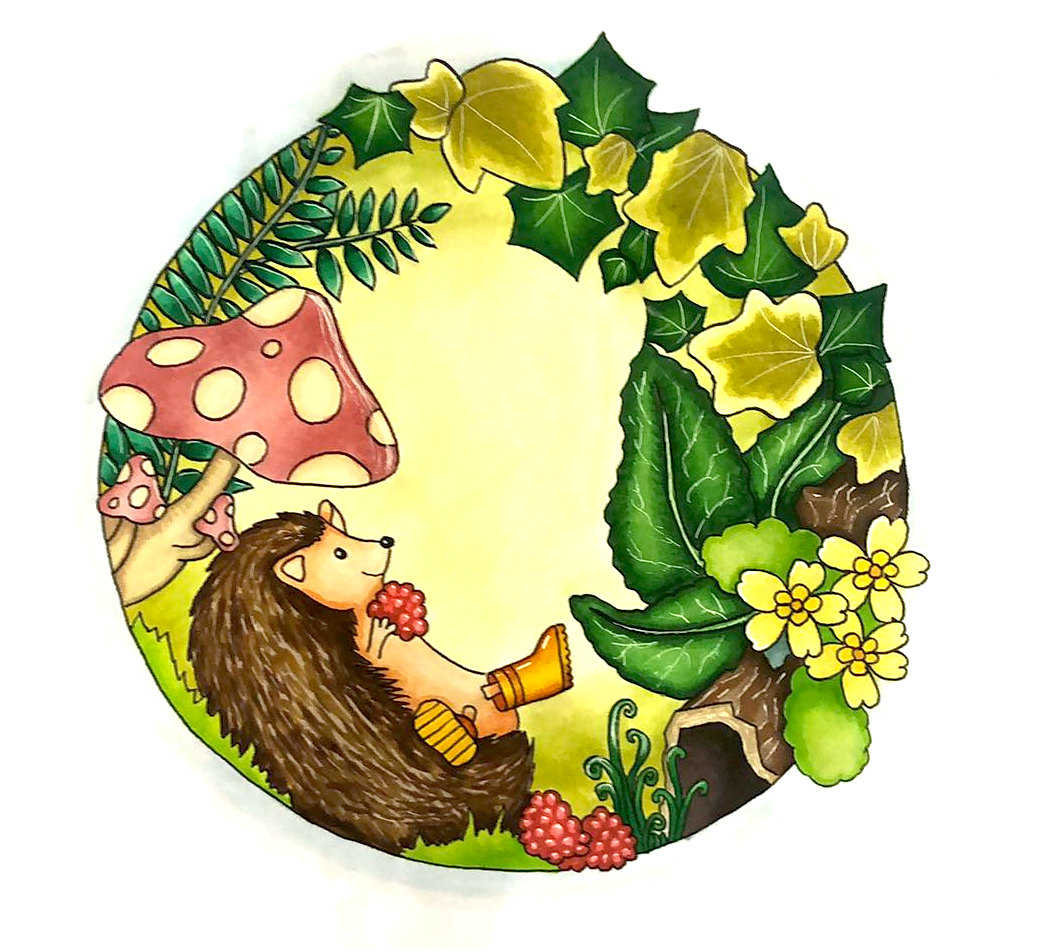 Hand drawn illustration of a hedgehog surrounded by Autumn foliage