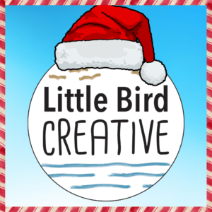 The Little Bird Creative logo against a blue background, with a Santa hat at the top of the logo and a candy cane striped border around the whole image.