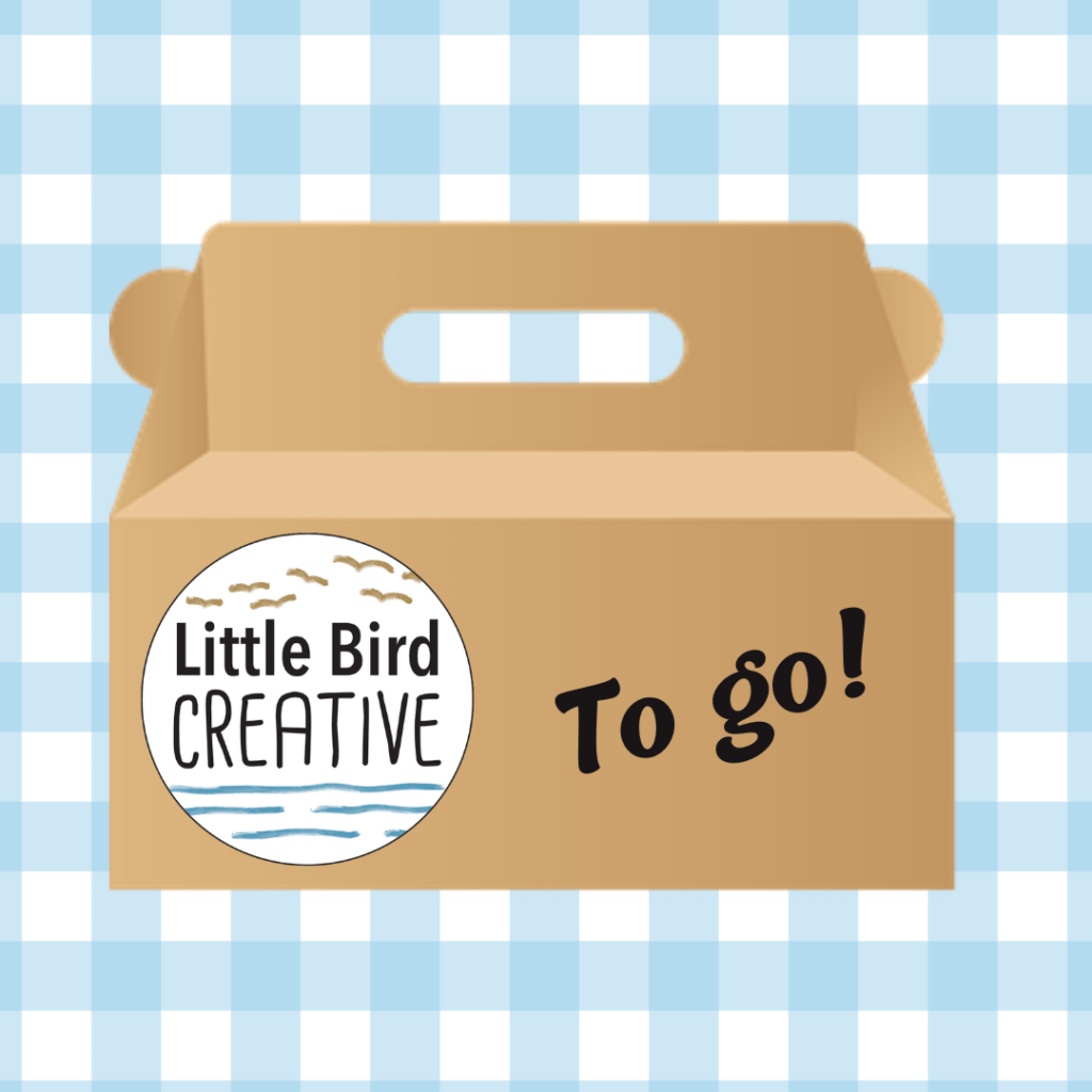 A takeaway box on a gingham blanket. The box says "to go" and features the Little Bird Creative logo.
