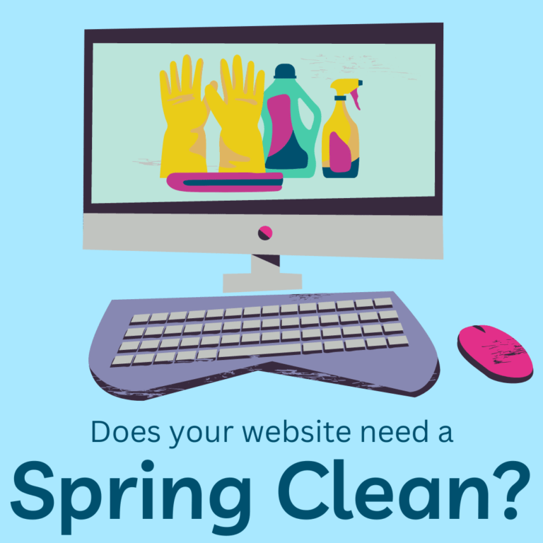 An image of a computer, with cleaning supplies and rubber gloves depicted on screen. Text reads "does your website need a spring clean?"