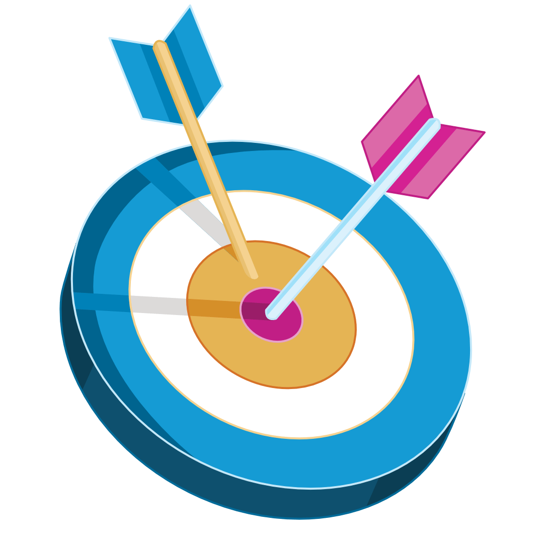 Illustration of two arrows embedded in a target, illustrating how a creative design agency can support your organisation to reach your goals.