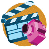 An illustration of a camera and clapperboard, demonstrating video content creation and editing by Little Bird Creative, a design agency in Cornwall