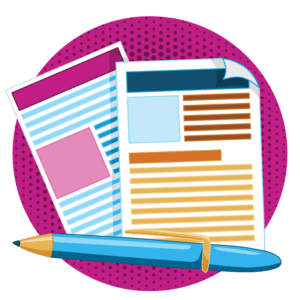 An illustration of two leaflets/articles with a pen beside them, representing copywriting and editing services by Little Bird Creative, Cornwall.