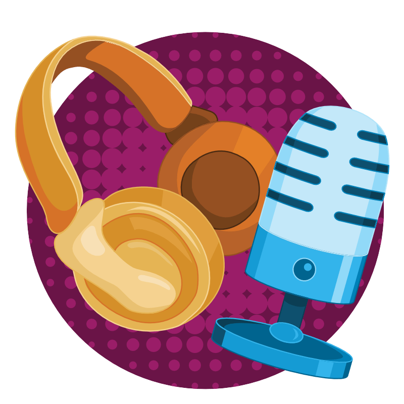 An illustration of headphones and a microphone