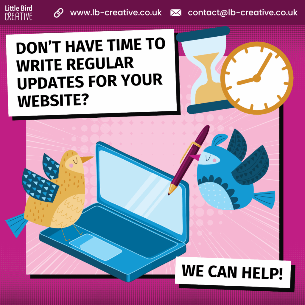 An infographic featuring a pair of birds hovering over a laptop. An egg timer and clock are in the top corner of the image and a text box says "Don't have time to write regular updates for your website? We can help!"