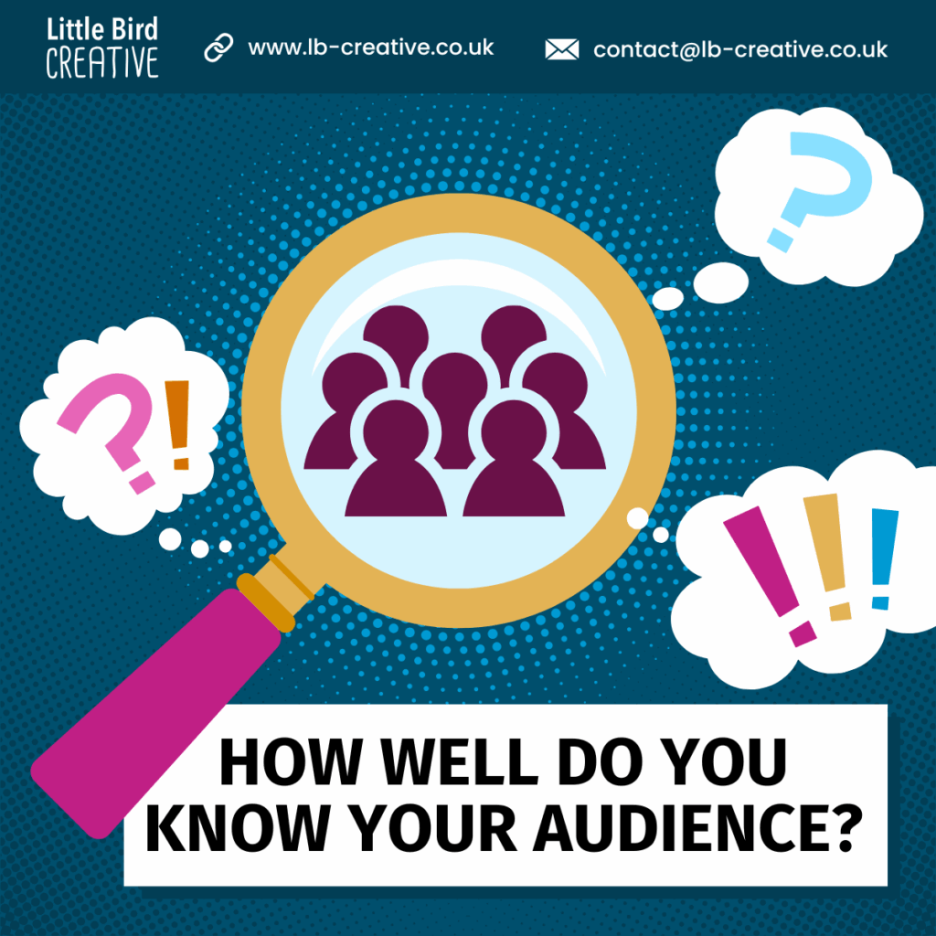 a magnifying glass on a group of people, illustrating the need to know your audience before finding the right tone for your copywriting.