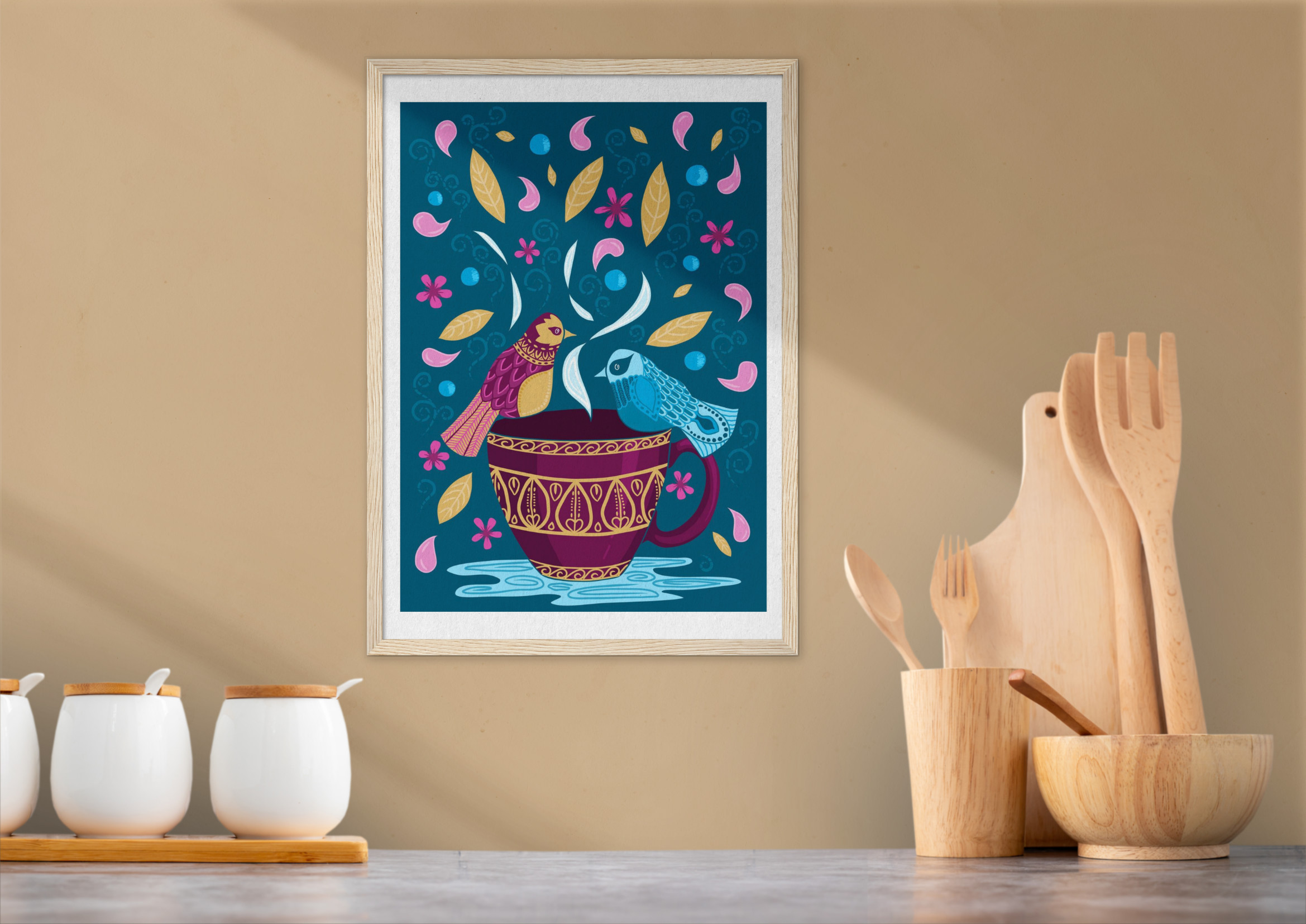 Little Bird Creative unique artwork of birds sitting on a teacup, displayed on a kitchen wall. Available to purchase in our online shop.